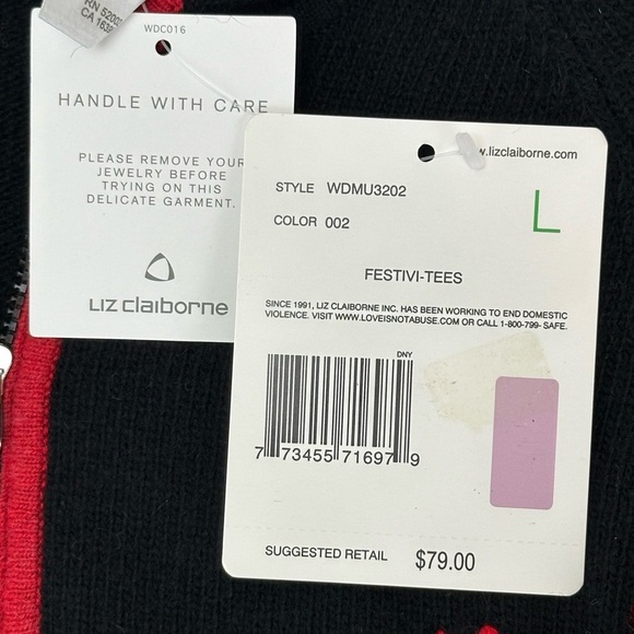 Liz Claiborne Black 1/4 Zip Hood Embroidered Wool Angora Blend Sweater L - Picture 9 of 13